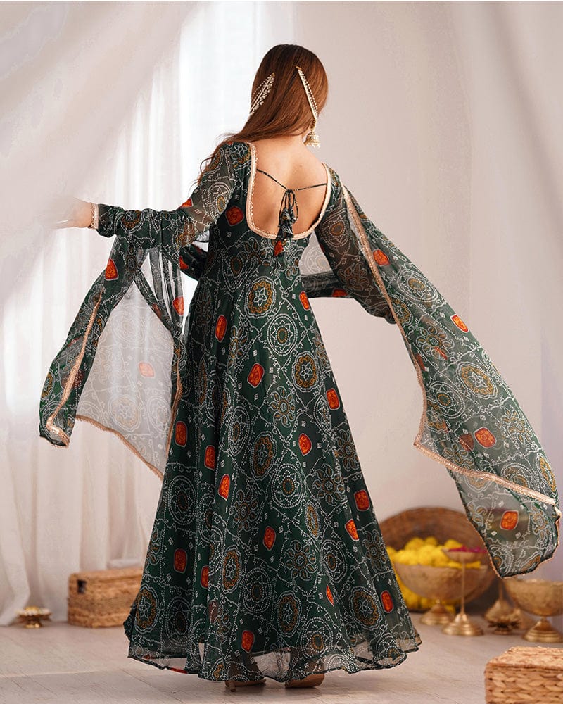Green Color Bandhej Print Soft Chiffon Anarkali Gown