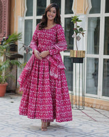 Pink Color Printed Pure Cotton Three Piece Kurti Suit