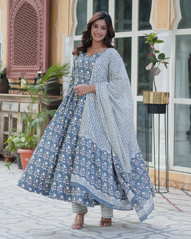 Gray Color Printed Pure Cotton Three Piece Kurti Suit