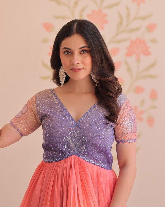 Lavender Color Gold Crush Embroidered work Gown