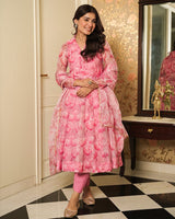 Baby Pink Color Printed Tebby Organza Three Piece Anarkali Suit