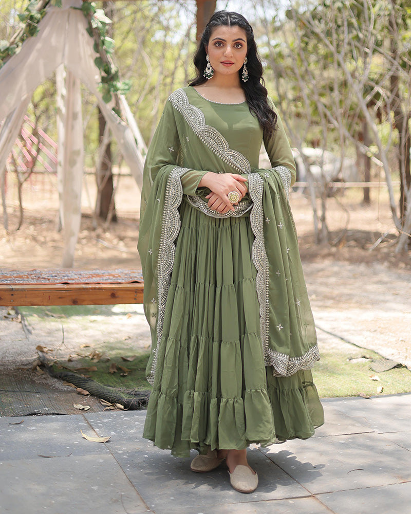 Mehndi Color Designer Embroidered Gown With Dupatta