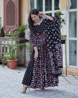 Black Color Printed Pure Cotton Three Piece Kurti Suit