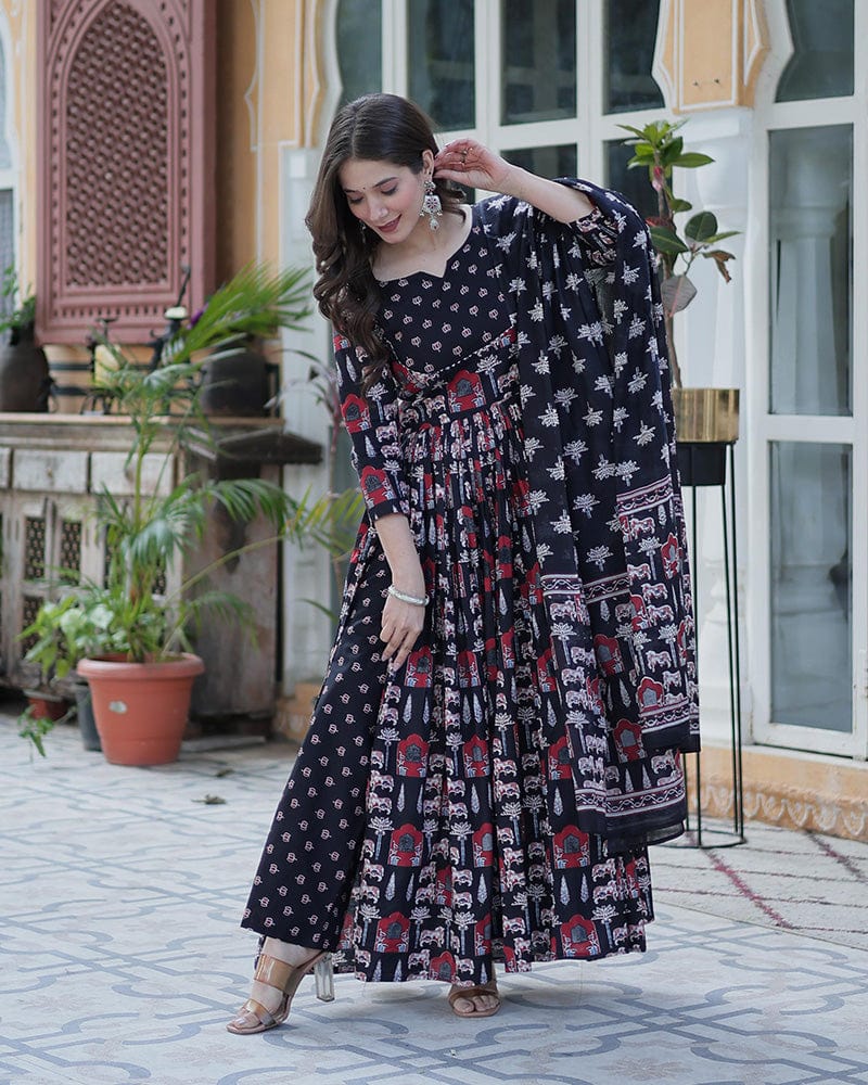Black Color Printed Pure Cotton Three Piece Kurti Suit