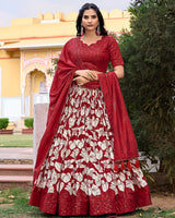 Red Color Tussar Silk Floral And Foil Printed Navratri Lehenga Choli