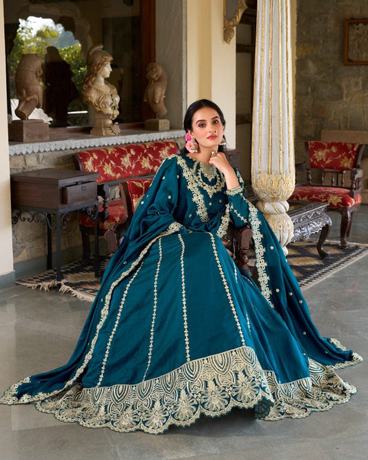 Firozi Color Vichitra Silk Sequence Embroidered Lehenga Choli