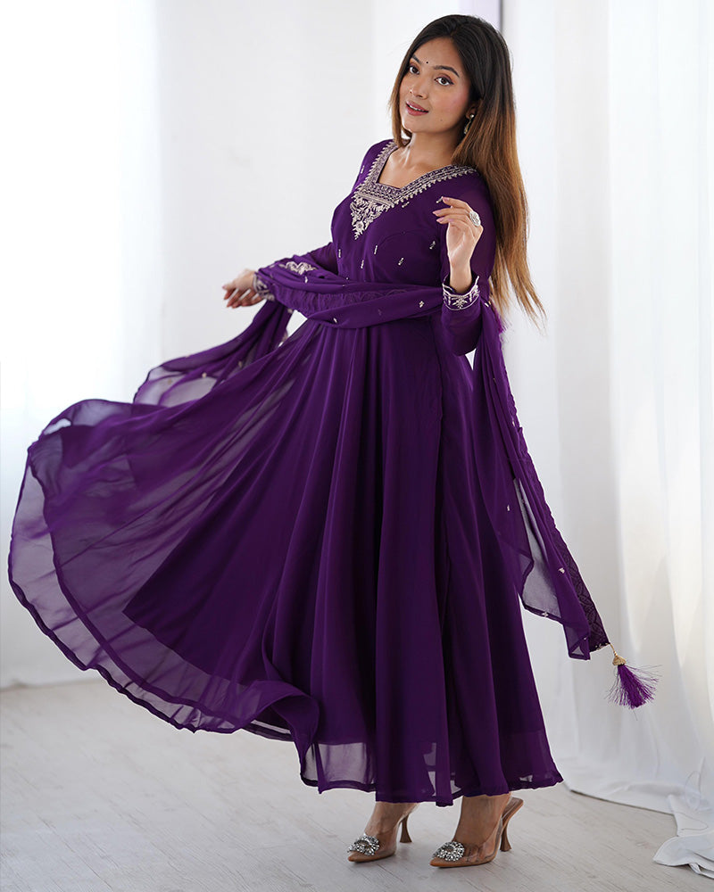 Purple Color Georgette Embroidered Three Piece Anarkali Suit