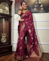 Wine Color Big Flower Design Banarasi Soft Silk Saree