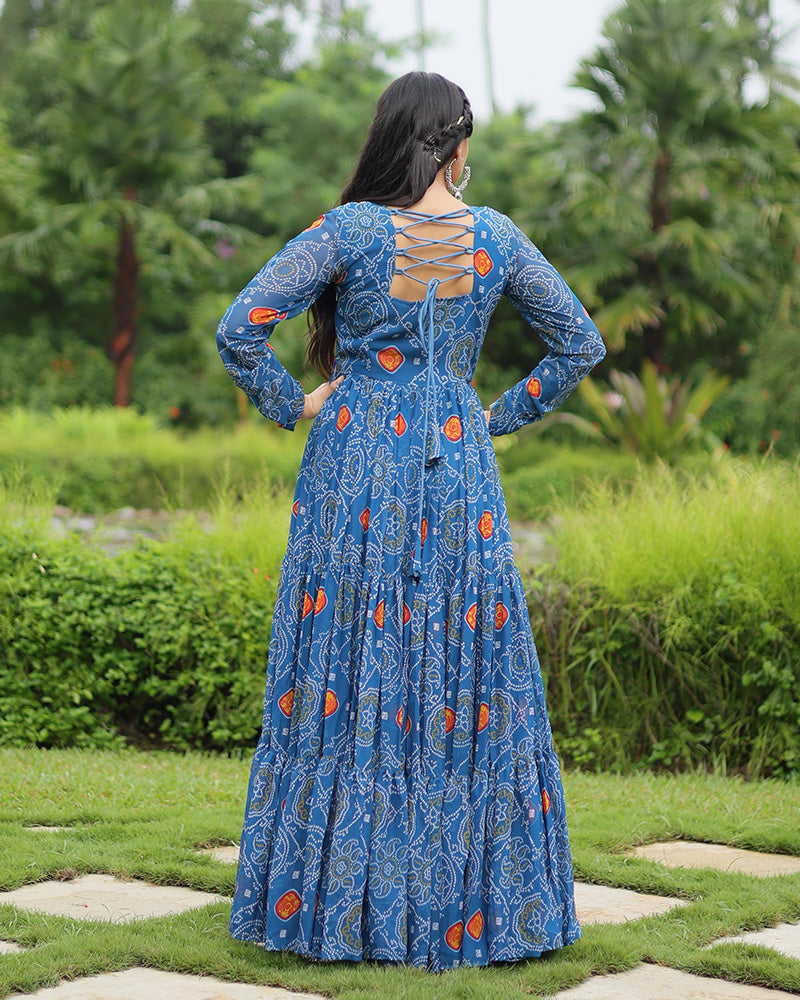 Blue Color Georgette Kutchi Work Navratri Gown
