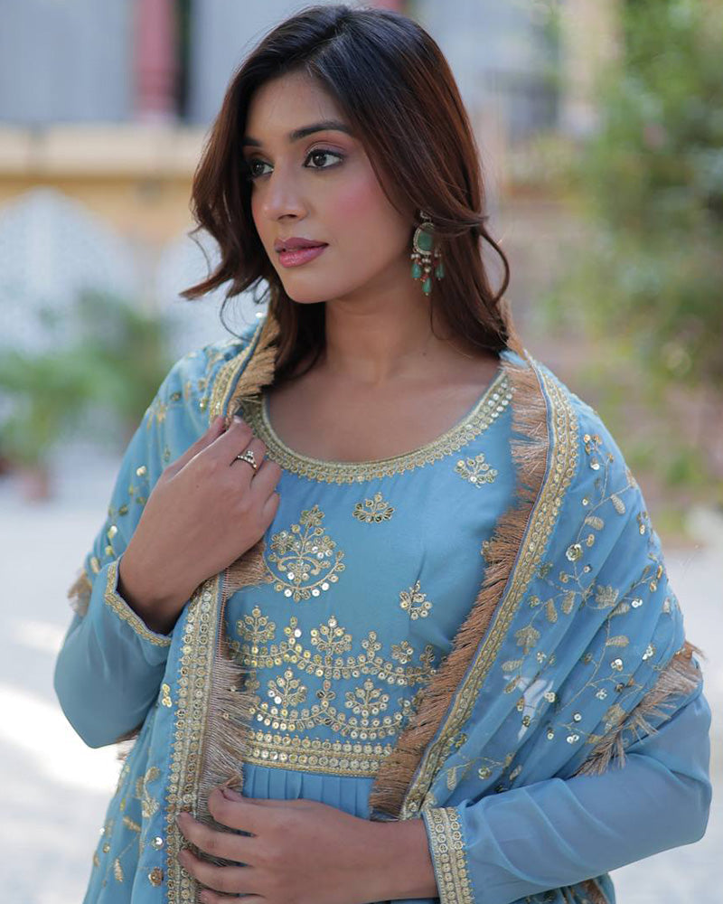 Sky Color Star Georgette Gown With Embroidered Dupatta