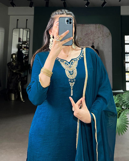 Blue Color Vichitra Silk Three Piece Kurti Suit