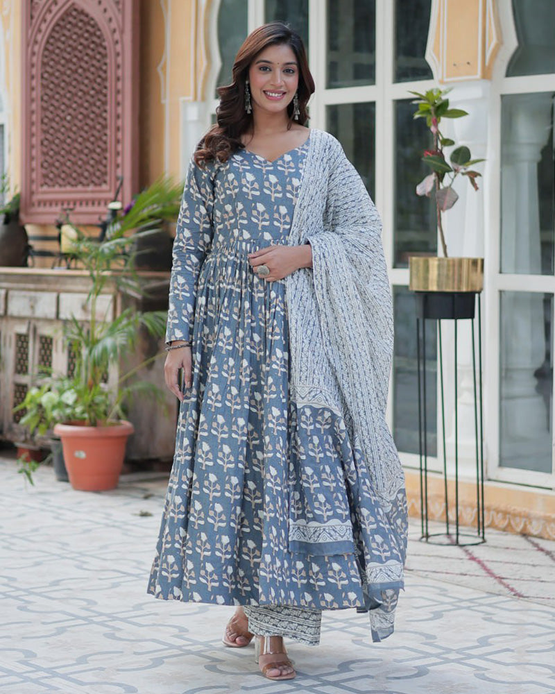 Gray Color Printed Pure Cotton Three Piece Kurti Suit