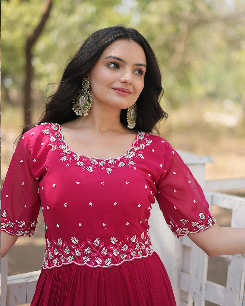 Rani pink Color Faux Blooming Embroidered Anarkali Gown