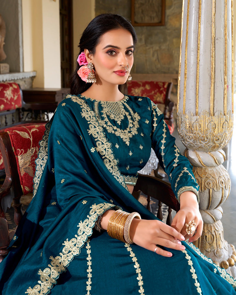 Firozi Color Vichitra Silk Sequence Embroidered Lehenga Choli