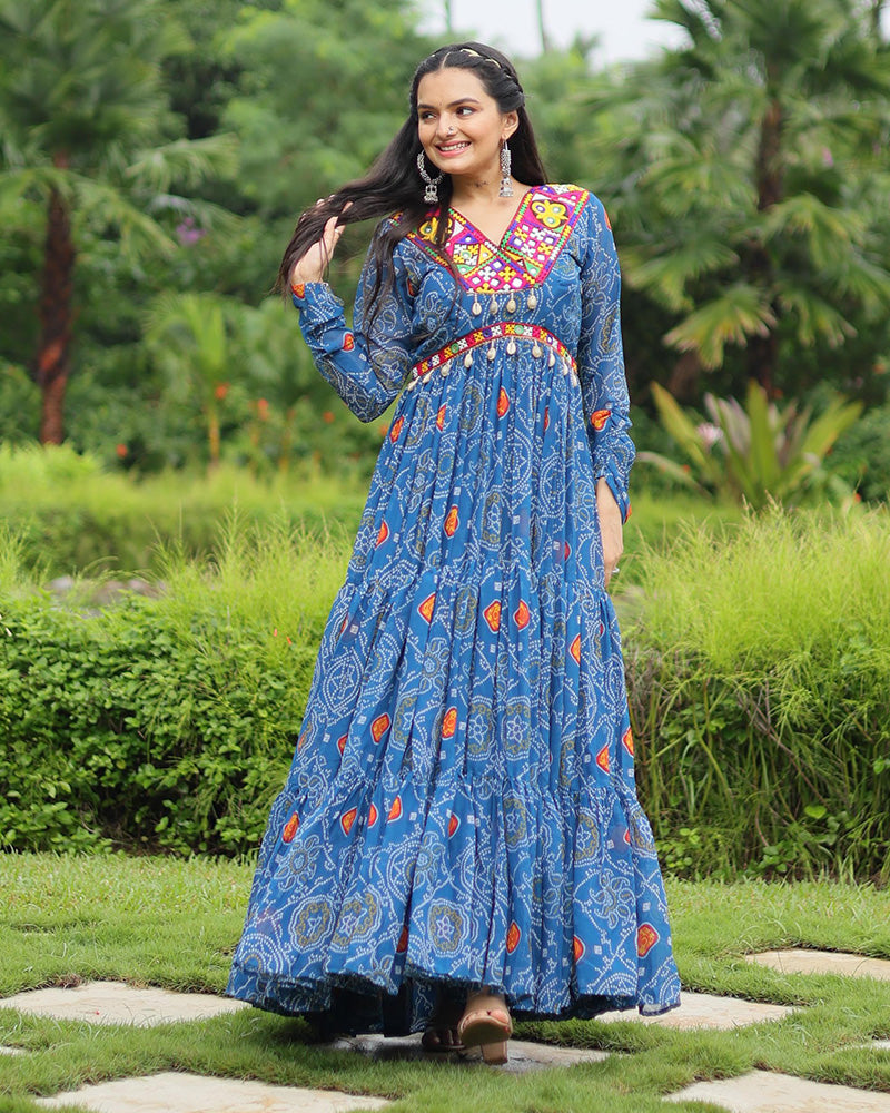 Blue Color Georgette Kutchi Work Navratri Gown