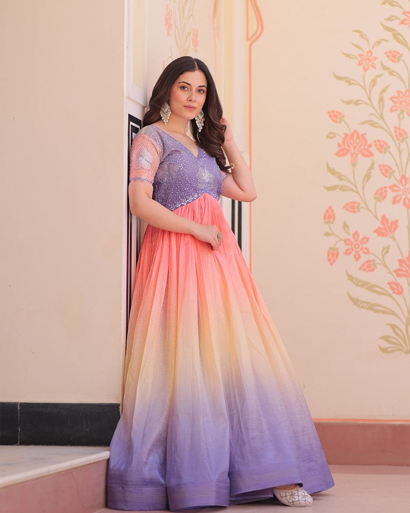 Lavender Color Gold Crush Embroidered work Gown