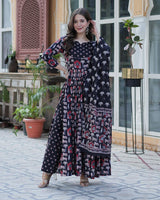 Black Color Printed Pure Cotton Three Piece Kurti Suit
