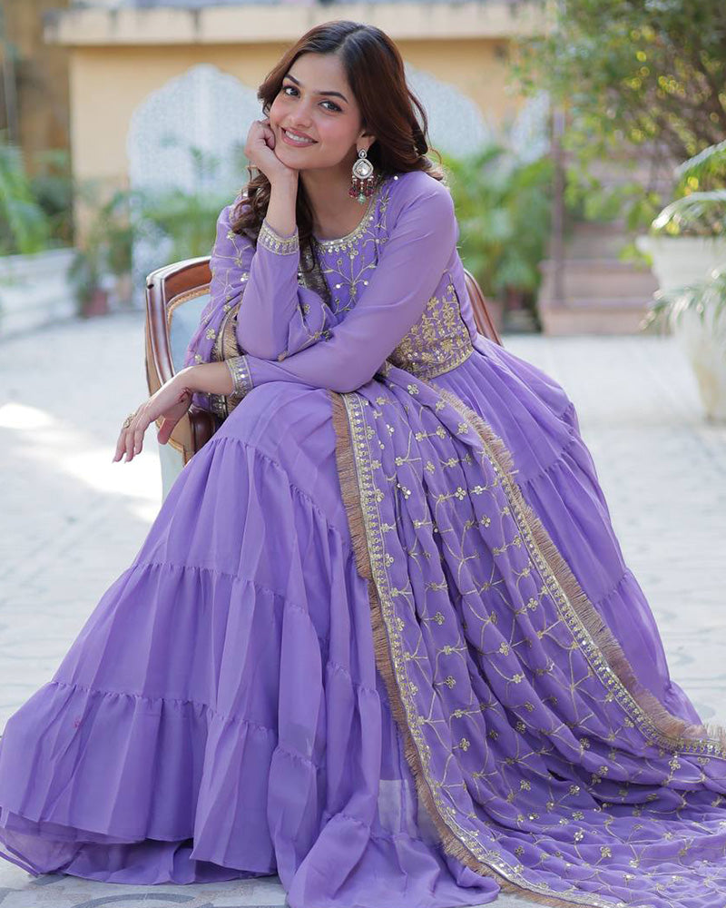 Purple Color Star Georgette Gown With Embroidered Dupatta