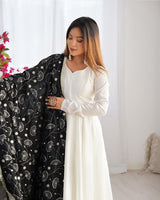 White Color Soft Vichitra Silk Anarkali With Black Dupatta