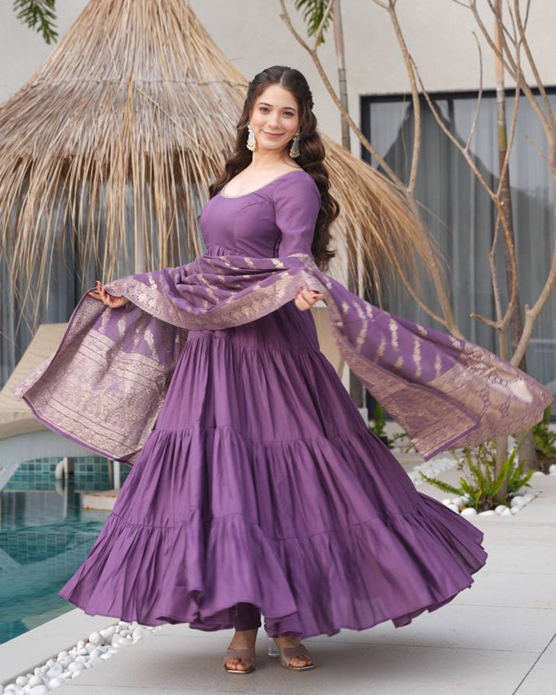 Dusty Purple Color Pure Chanderi Silk Frill Style Anarkali Suit