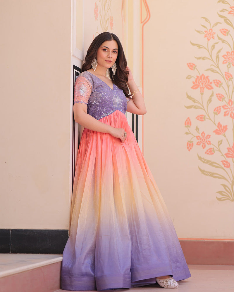 Lavender Color Gold Crush Embroidered work Gown