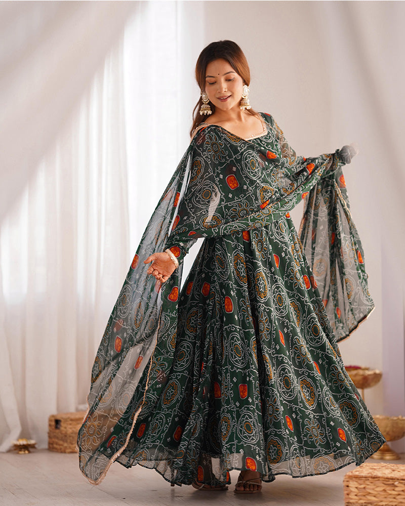 Green Color Bandhej Print Soft Chiffon Anarkali Gown