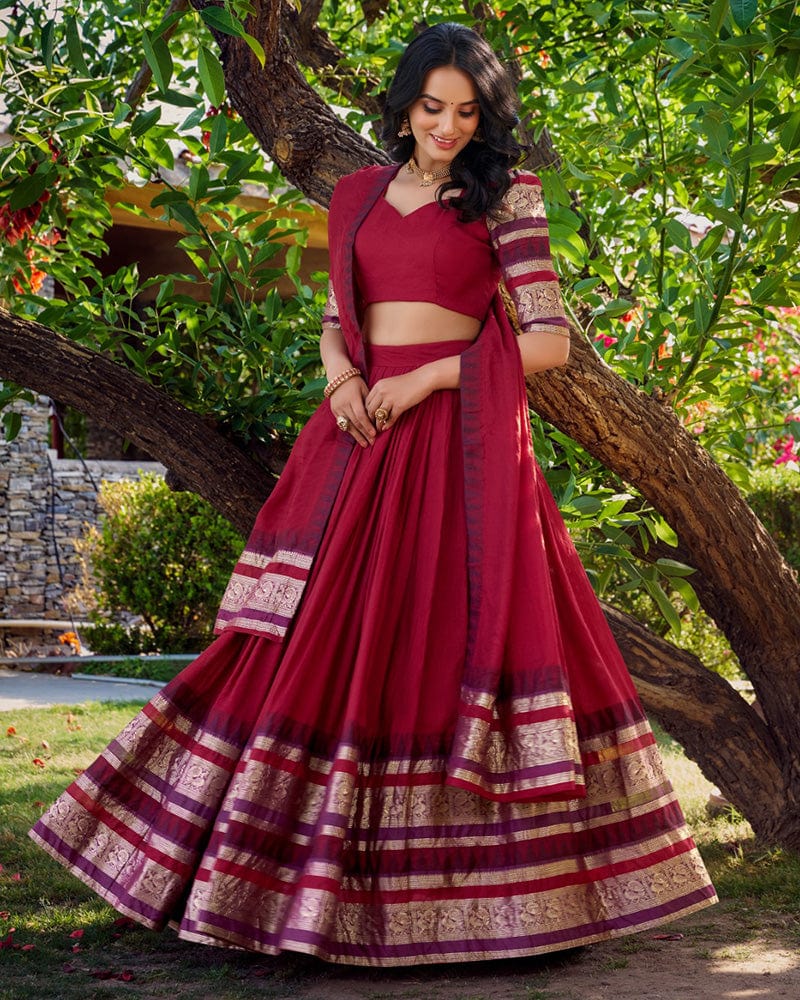 Red Color Pure Chanderi Plain Lehenga Choli
