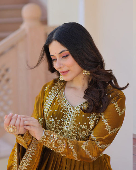 Mehndi Color Fendi Embroidered Gown