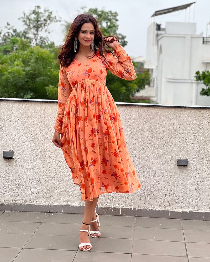 Orange Color Georgette Floral Printed Tunic