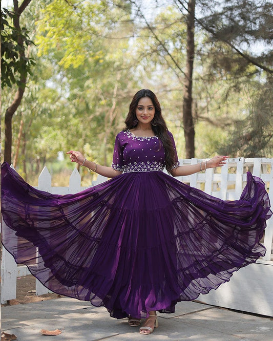 Purple Color Faux Blooming Embroidered Anarkali Gown
