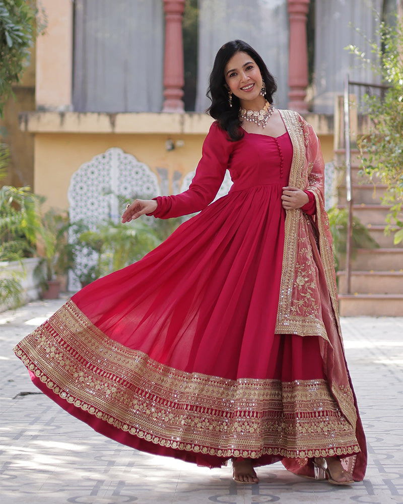 Rani Pink Color Vichitra Shimmer Sequence Embroidered Gown