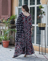 Black Color Printed Pure Cotton Three Piece Kurti Suit