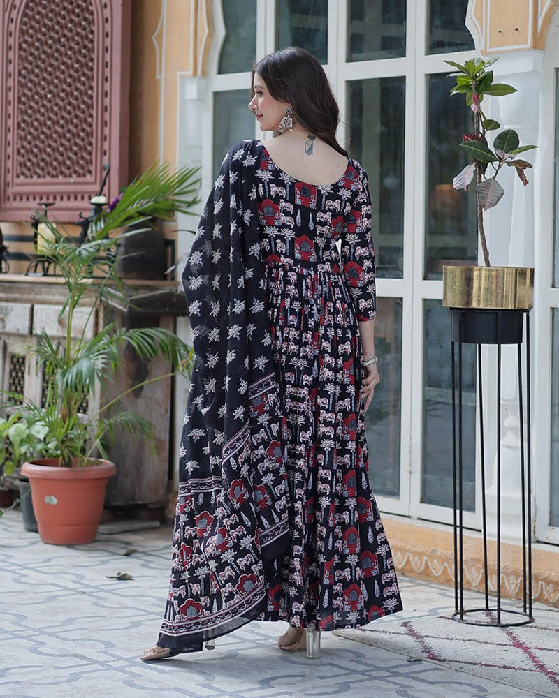 Black Color Printed Pure Cotton Three Piece Kurti Suit