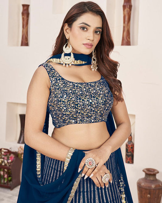 Blue Color Georgette Embroidered Semi Stitched Lehenga Choli