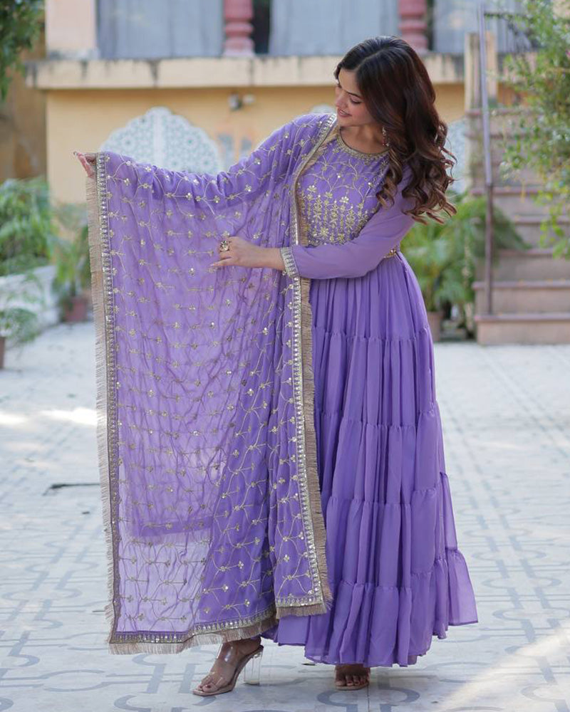 Purple Color Star Georgette Gown With Embroidered Dupatta
