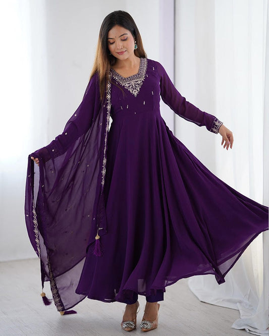 Purple Color Georgette Embroidered Three Piece Anarkali Suit