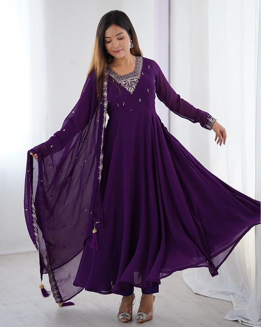 Purple Color Georgette Embroidered Three Piece Anarkali Suit