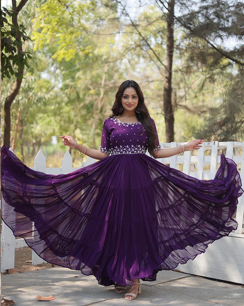 Purple Color Faux Blooming Embroidered Anarkali Gown