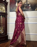 Wine Color Big Flower Design Banarasi Soft Silk Saree
