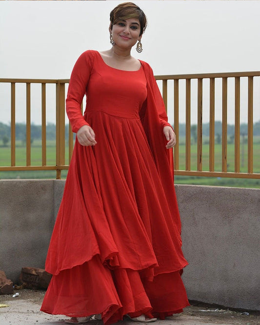 Red Color Faux Georgette Double Layer Anarkali Suit