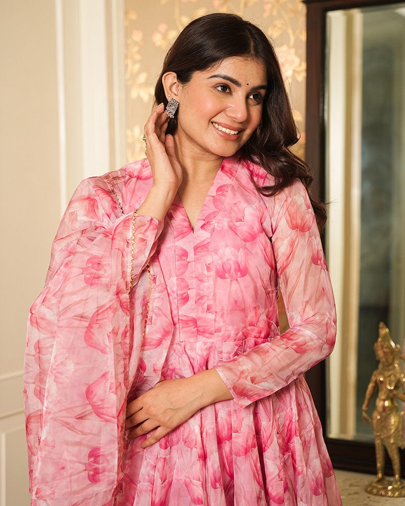 Baby Pink Color Printed Tebby Organza Three Piece Anarkali Suit