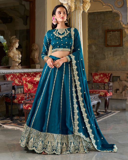 Firozi Color Vichitra Silk Sequence Embroidered Lehenga Choli