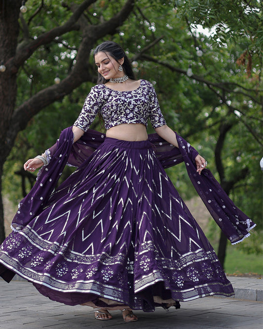 Wine Color Designing Blooming Lehenga Choli
