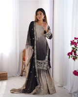 Dusty Black Color Chinnon Sequence Work Plazzo Suit