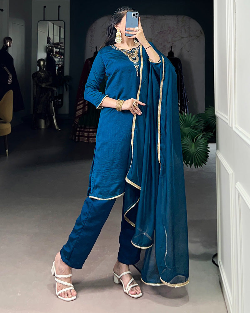 Blue Color Vichitra Silk Three Piece Kurti Suit