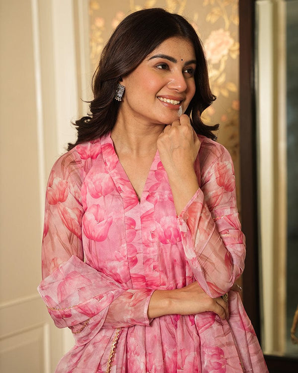 Baby Pink Color Printed Tebby Organza Three Piece Anarkali Suit