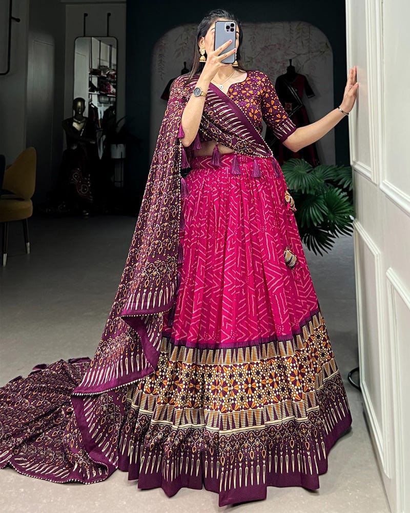 Pink Color Tussar Silk Bandhej Printed Navratri Lehenga Choli