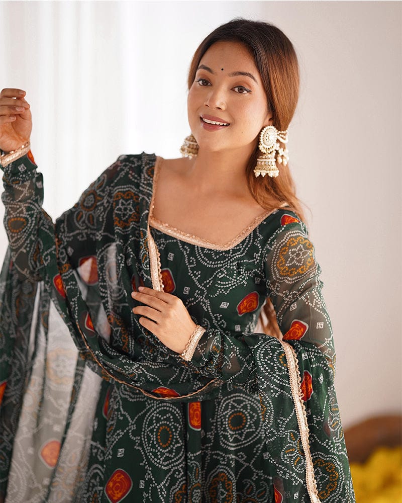 Green Color Bandhej Print Soft Chiffon Anarkali Gown