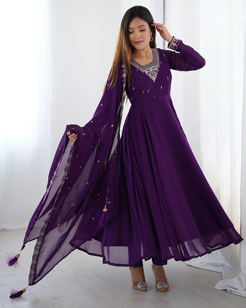 Purple Color Georgette Embroidered Three Piece Anarkali Suit