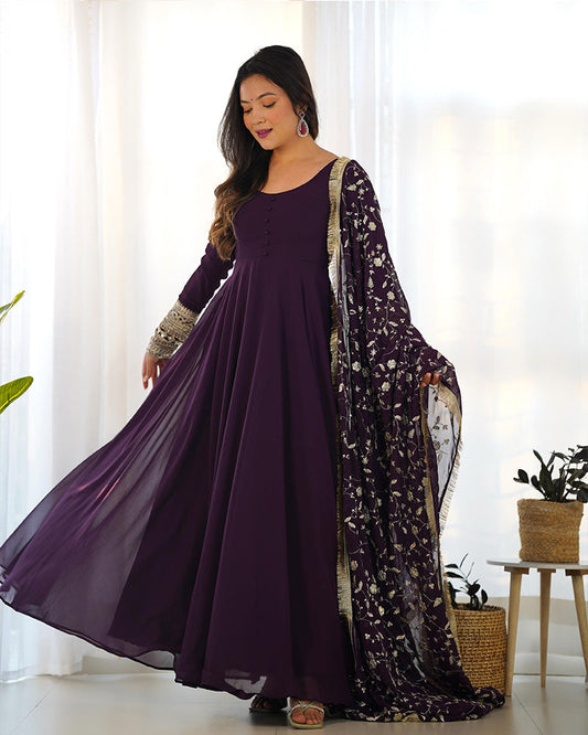 Wine Color Soft Georgette With Heavy Embroidery Work Dupatta Anarkali Suit